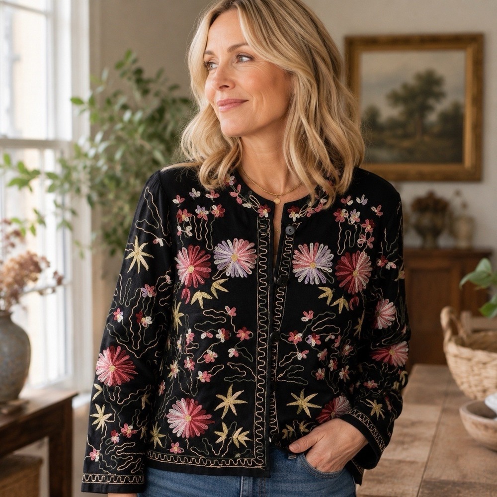 The Vermont Country Store Linen‎ Blend Floral Embroidered Jacket Boho Feminine L